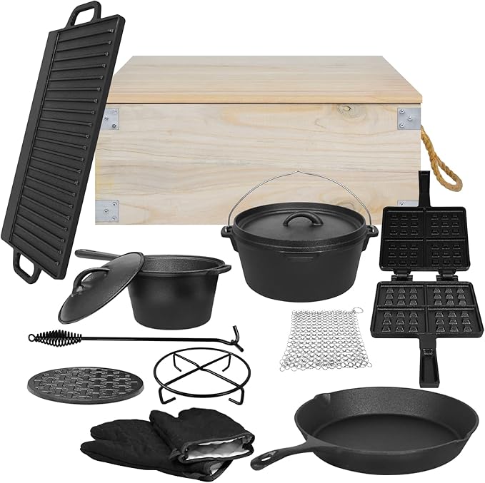 Juego Completo para Fuego de Hierro Fundido (12 Piezas) con Caja de Madera