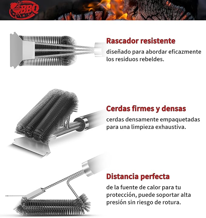 Cepillo de Barbacoa 3 en 1 – El guardián del fuego limpio