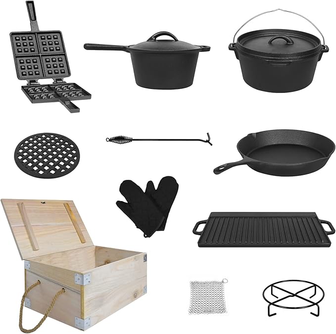 Juego Completo para Fuego de Hierro Fundido (12 Piezas) con Caja de Madera