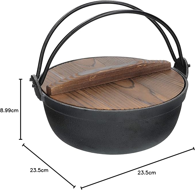 Olla Japonesa de Hierro Fundido para Sukiyaki con Tapa de Madera