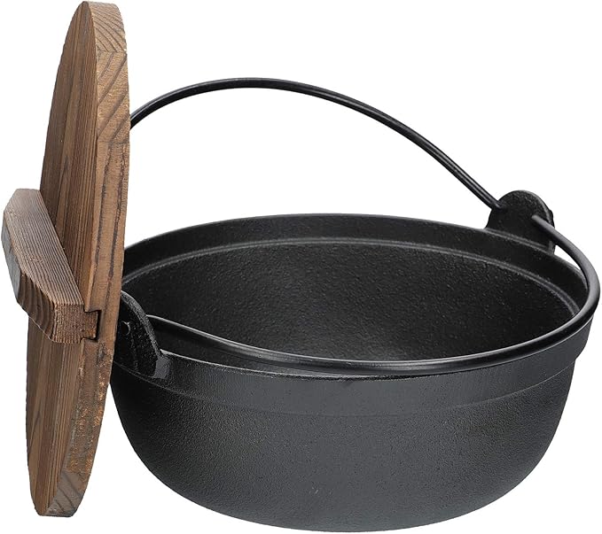 Olla Japonesa de Hierro Fundido para Sukiyaki con Tapa de Madera
